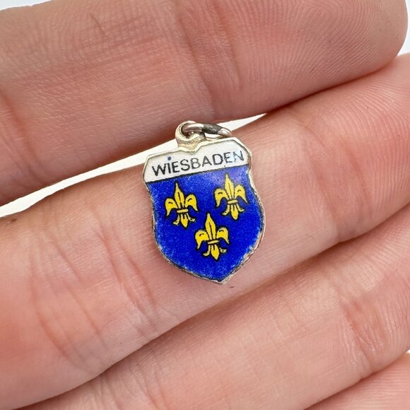 VTG 800 Silver Wiesbaden Blue White Yellow Enamel Shield Charm Size 0.75" Length - Picture 4 of 7